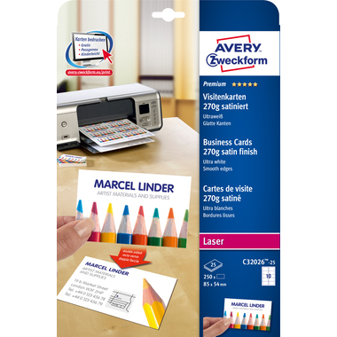 AVERY ZWECKFORM Visitenkarten 85x54mm/A4 C32026-25 weiss, 270g 250 Stück