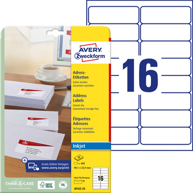 AVERY ZWECKFORM Etiquettes adress. 99,1x33,9mm J8162-25 blanc 400 pcs.