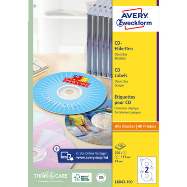 AVERY ZWECKFORM CD-Etiketten Classic 117mm L6043-100 ILK A4, weiss 100Bl./2St.