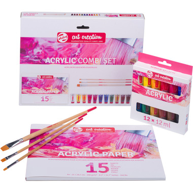 TALENS Acryl Combi Set 12x12ml 9021894M Farbe, Pinsel, Papier