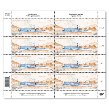 Francobolli CHF 1.90 «200 anni di navigazione sul Lago Maggiore», foglio da 8 francobolli Foglio «200 anni di navigazione sul Lago Maggiore», gommatura, senza annullo