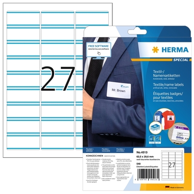 HERMA Etiquettes badges 63,5x29,6mm 4513 blanc 540 pcs./20 flls.