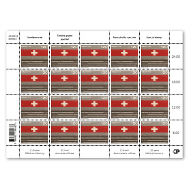 Francobolli CHF 1.20 «125 anni Assicurazione militare», foglio da 20 francobolli Foglio «125 anni Assicurazione militare», gommatura, senza annullo