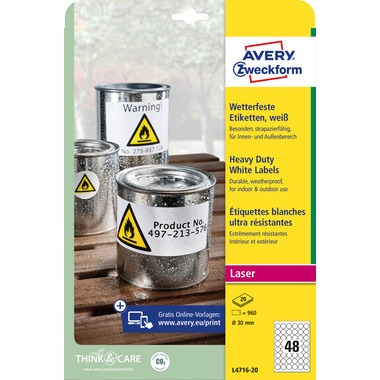 AVERY ZWECKFORM Étiquettes Film 30mm L4716-20 blanc, perm. 960 pcs./20 f.