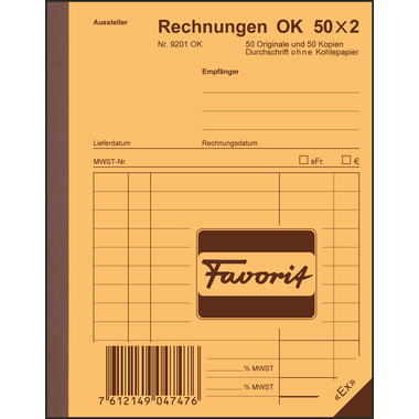 FAVORIT Formularbuch Rechnungen A6 9201 OK Durchschreibepapier 50x2 Blatt
