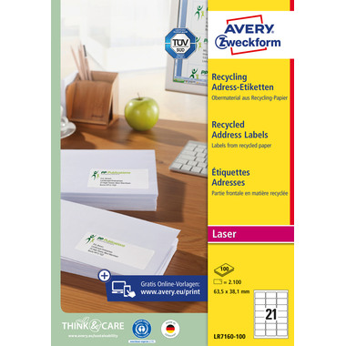 AVERY ZWECKFORM Adressetiketten 63,5x38,1mm LR7160100 recycling 2100 Stück