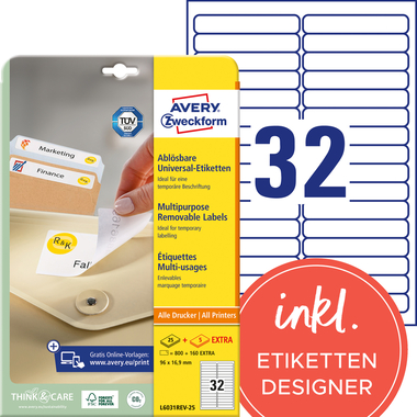 AVERY ZWECKFORM Etiquettes 96x16,9mm L6031REV2 blanc 960 pcs./25 + 5 flls.