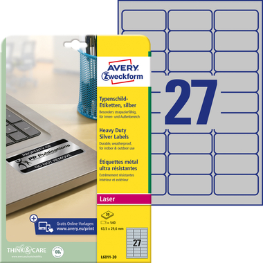 AVERY ZWECKFORM Typenschild-Labels 63,5x29,6mm L6011-20 silber 540Stk./20Bl.