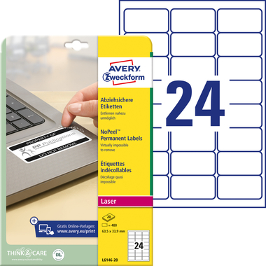 AVERY ZWECKFORM Etiketten 63,5×33,9mm L6146-20 permanent 480 Stück