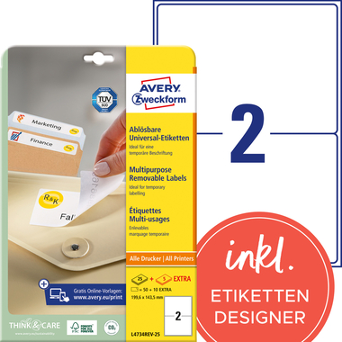 AVERY ZWECKFORM Universaletik. 199,6x143,5mm L4734REV-25 weiss 60 Stk./25 + 5 Blatt
