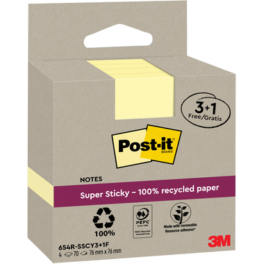 POST-IT SuperSticky Notes 76x76mm 654 RSSCY 3+1F Recycling,gelb 4x70 Blatt