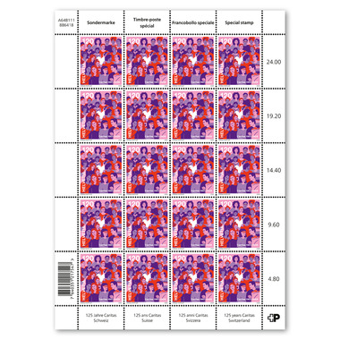 Stamps CHF 1.20 «125 years Caritas Switzerland», sheet with 20 stamps