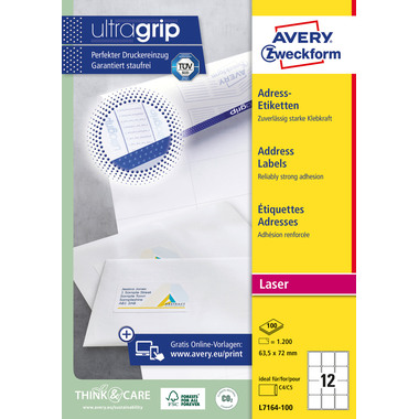 AVERY ZWECKFORM Adressetiketten 63,5x72mm 7164-100 weiss 1200 Stk./100 Blatt