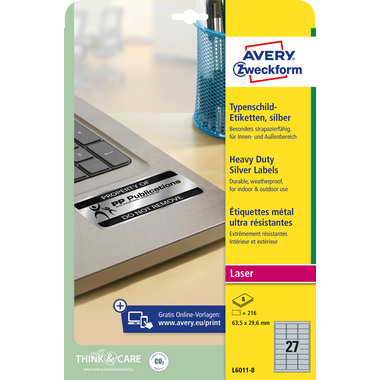 AVERY ZWECKFORM Typenschild-Labels 63,5x29,6mm L6011-8 silber 216 Stück/8 Blatt