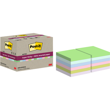 POST-IT SuperSticky Notes 76x76mm 654 RSS12COL Recycling,assort. 12x70 Blatt