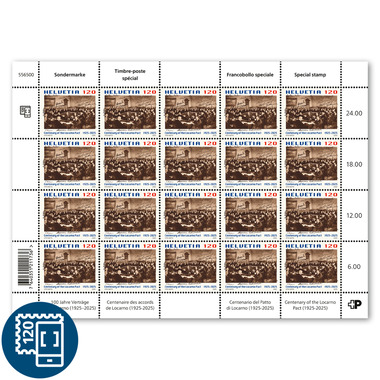 Francobolli CHF 1.20 «Centenario del Patto di Locarno (1925-2025)», Foglio da 20 francobolli Foglio «Centenario del Patto di Locarno (1925-2025)», gommatura, senza annullo