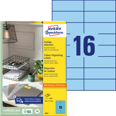AVERY ZWECKFORM Etiketten 105×37mm 3453 blau 1600 Stück