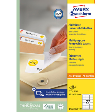AVERY ZWECKFORM Universaletiketten 63,5x29,6mm L4737REV-100 weiss,non-perm. 2700Stk.100B.