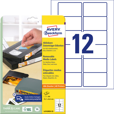 AVERY ZWECKFORM Etiquettes vidéo 78,7x46,6mm L4742REV-25 blanc,non-perm. 300pcs./25fl.