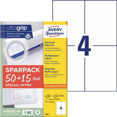 AVERY ZWECKFORM Universal-Etiketten 105x148mm 6601 weiss 260 Stk./65 Blatt