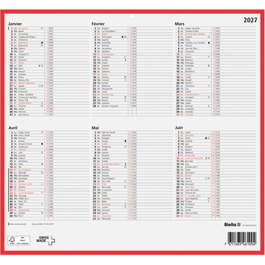 BIELLA Wandkalender 2027 871006910027U 6M/1S rot/weiss FR 32x29.7cm
