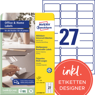 AVERY ZWECKFORM Etiketten 63,5x29,6mm L4737REV1 weiss 270 Stück