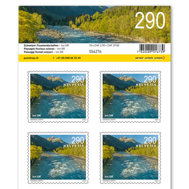 Briefmarken CHF 2.90 «Inn GR», Bogen mit 10 Marken Bogen «Schweizer Flusslandschaften», selbstklebend, ungestempelt