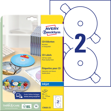 AVERY ZWECKFORM Etikette f. CD, glossy 117mm C9660-25 InkJet,SuperSize 50 St./25 Bl.