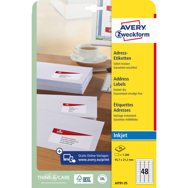 AVERY ZWECKFORM Etiquettes adress. 45,7x21,2mm J4791-25 InkJet, blanc 1200pcs./25fl.