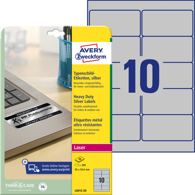 AVERY ZWECKFORM Typenschild-Labels 96x50,8mm L6012-20 silber, Laser 200 St./20 Blatt