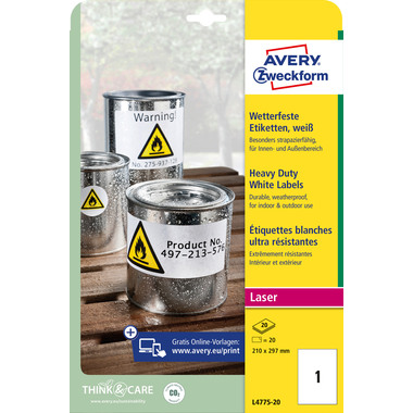 AVERY ZWECKFORM Laser-Etiketten 210x297mm L4775-20 weiss,wetterfest 20 St./20 Bl.