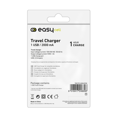 Travel charger 1 USB 2A Easycell, polybag package, white color