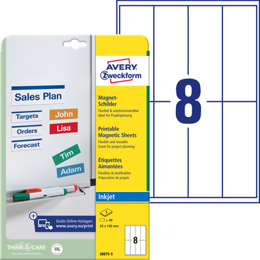 AVERY ZWECKFORM Magnet-Schilder 50x140mm OJ8875-5 weiss 40 Stück/5 Blatt