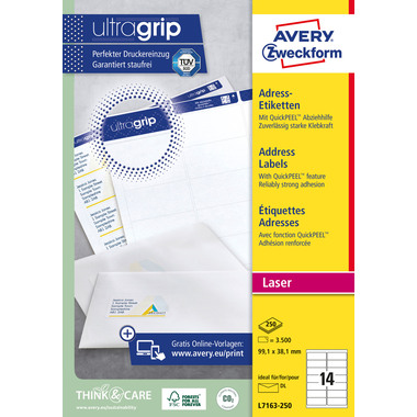 AVERY ZWECKFORM Etiquettes adress. 99,1x38,1mm L7163-250 blanc 3500 pcs./250 flls.