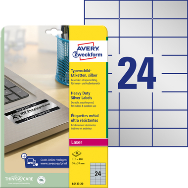 AVERY ZWECKFORM Typenschild Label 70x37mm L613320 silber 480 Stück/20 Blat