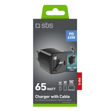 65-W-USB-C-Ladegerät mit integriertem einziehbarem Kabel und GaN-Technologie | SBS