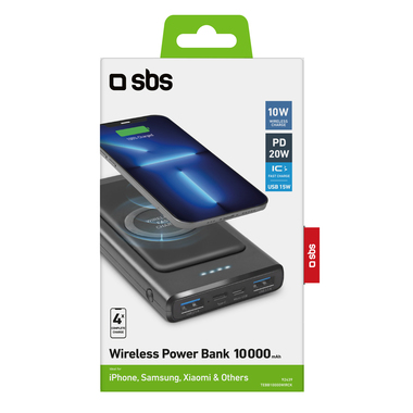 Kabellose Powerbank für 10 Watt mit Anschlüssen für USB und Type-C
