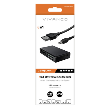 Vivanco 6-in-1 USB-A to Card Adapter, LED, Black