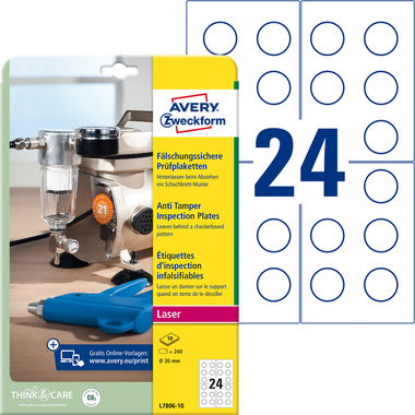 AVERY ZWECKFORM Prüfplaketten 30mm L7806-10 weiss, perm. 10 Bl.240Stk.