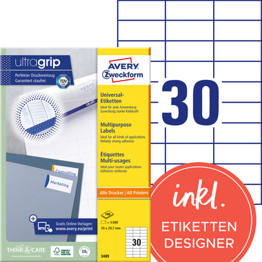 AVERY ZWECKFORM Etiquettes universel 70x29.7mm 3489 blanc 3000 pcs./100 flls.