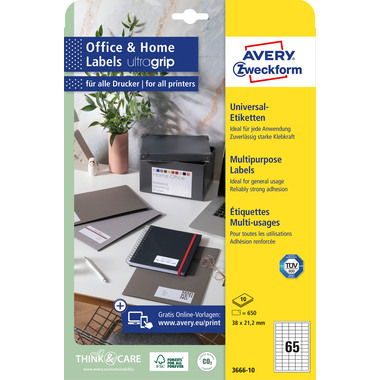 AVERY ZWECKFORM Universal-Etiketten 38x21,2mm 3666-10 weiss 650 Stk./10 Blatt
