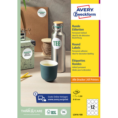 AVERY ZWECKFORM Etiketten A4/60mm L3416-100 weiss 1200 Stück