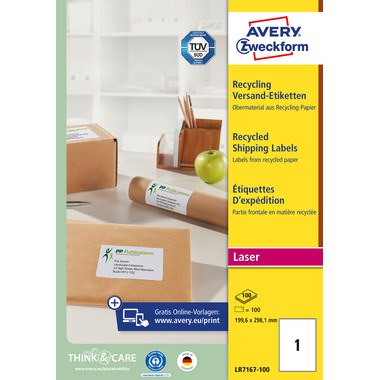 AVERY ZWECKFORM Adressetiketten 199,6x289,1mm LR7167100 recycling 100 Stück