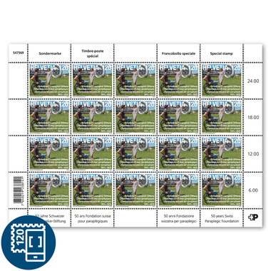 Stamps CHF 1.20 «50 years Swiss Paraplegic Foundation», Sheet with 20 stamps Sheet «50 years Swiss Paraplegic Foundation», gummed, mint
