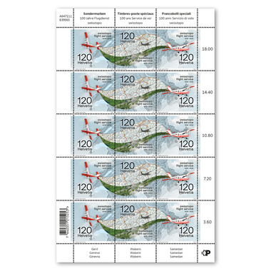 Briefmarken CHF 1.20 «100 Jahre Flugdienst swisstopo», Bogen mit 15 Marken