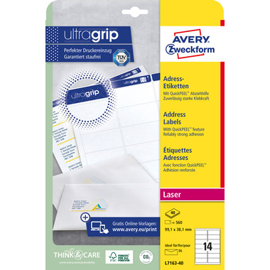 AVERY ZWECKFORM Etiquettes adress. 99,1x38,1mm L7163-40 blanc 560 pcs./40 flls.