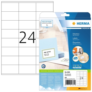 HERMA Universal-Etikett. 70,0x36,0mm 4360 weiss 600 St./25 Blatt
