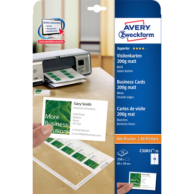 AVERY ZWECKFORM Carte de visite mat 85x54mm C32011-25 Univer.200g,blanc 25f./10pcs.
