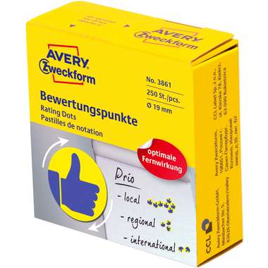 AVERY ZWECKFORM Bewertungspunkte Daumen 19mm 3861 gelb, Spender 250 Stück