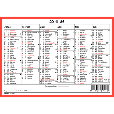 SIMPLEX Wandkalender m.Namenstag 2026 4032440.26 6M/1S rot/weiss DE A5 quer